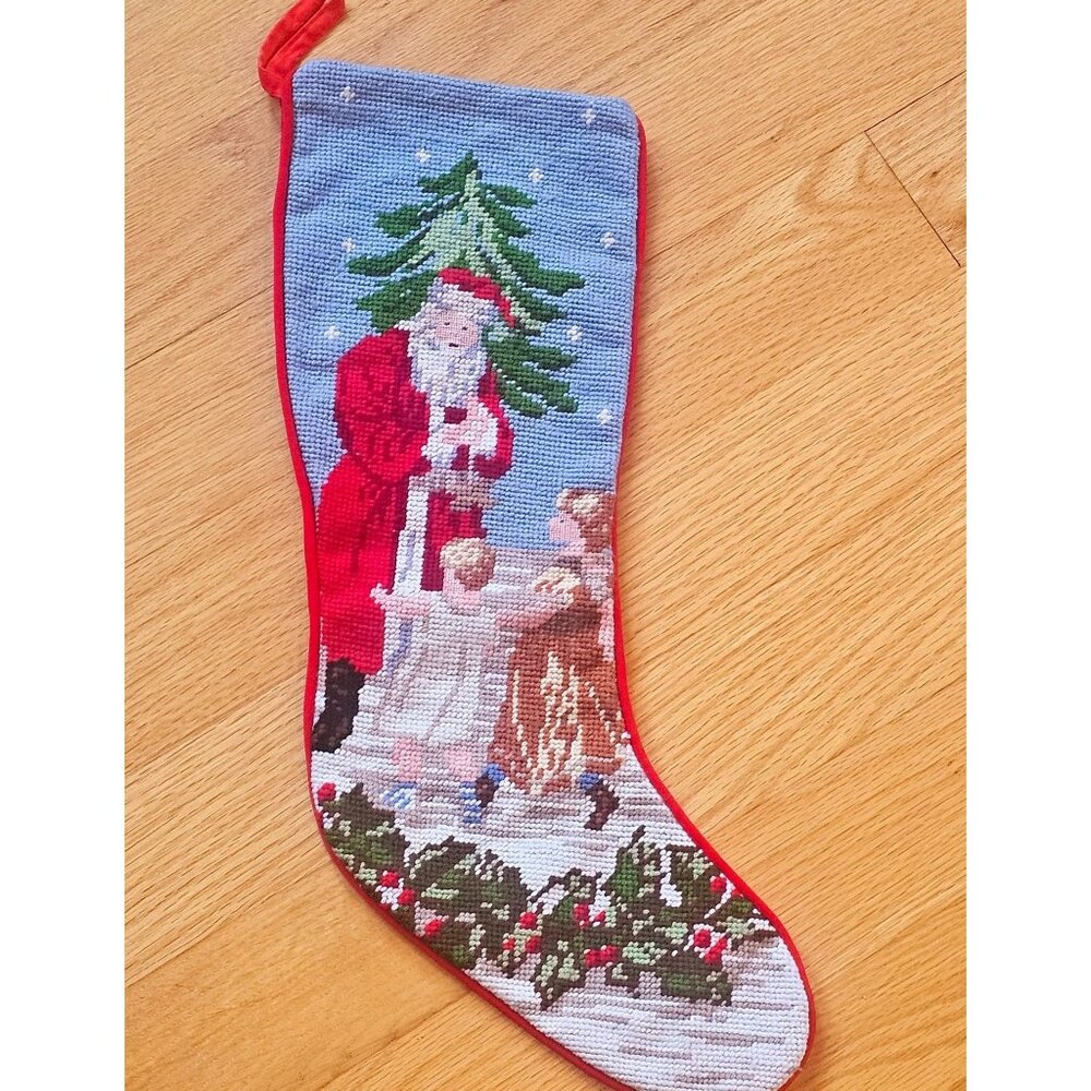 Vintage Handmade Needlepoint Christmas Stocking Santa Tree Children FINISHED